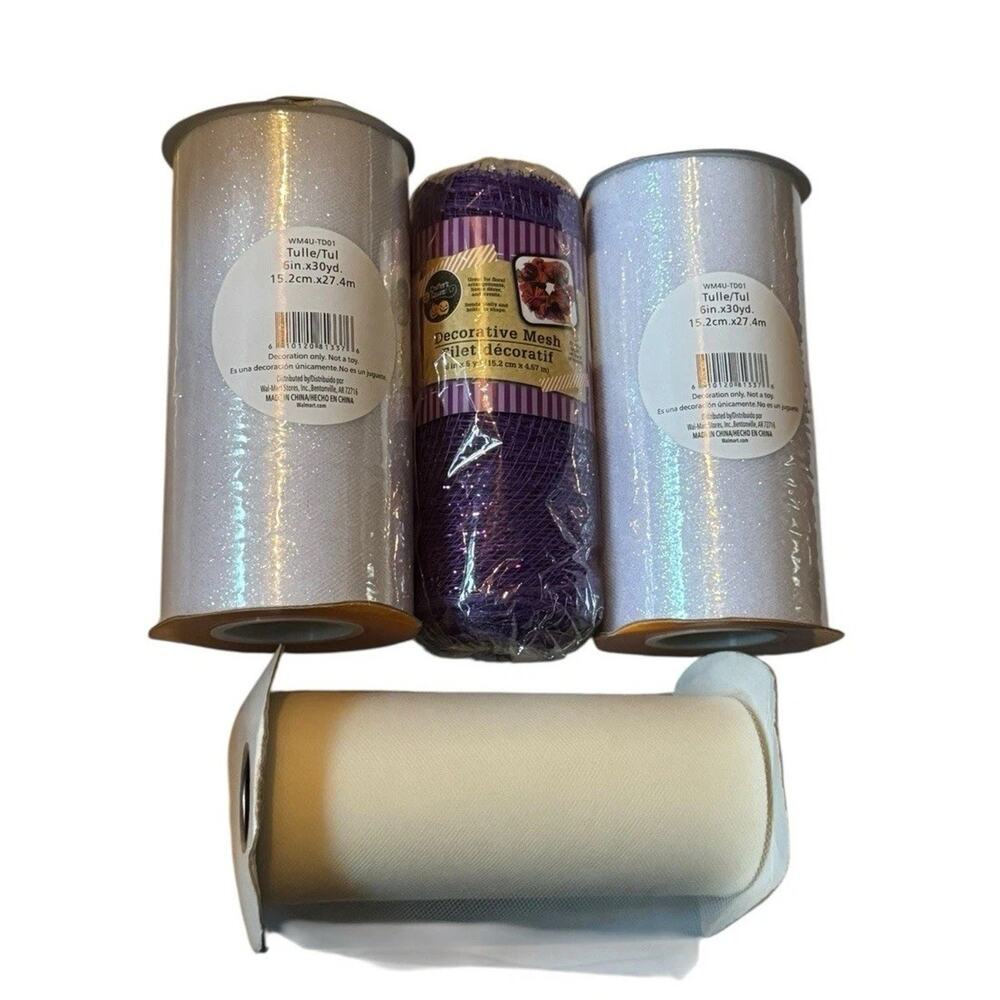 Lot 3 Decorative Mesh & Tulle‎ Rolls White Glitter Purple Craft Ribbon Holiday